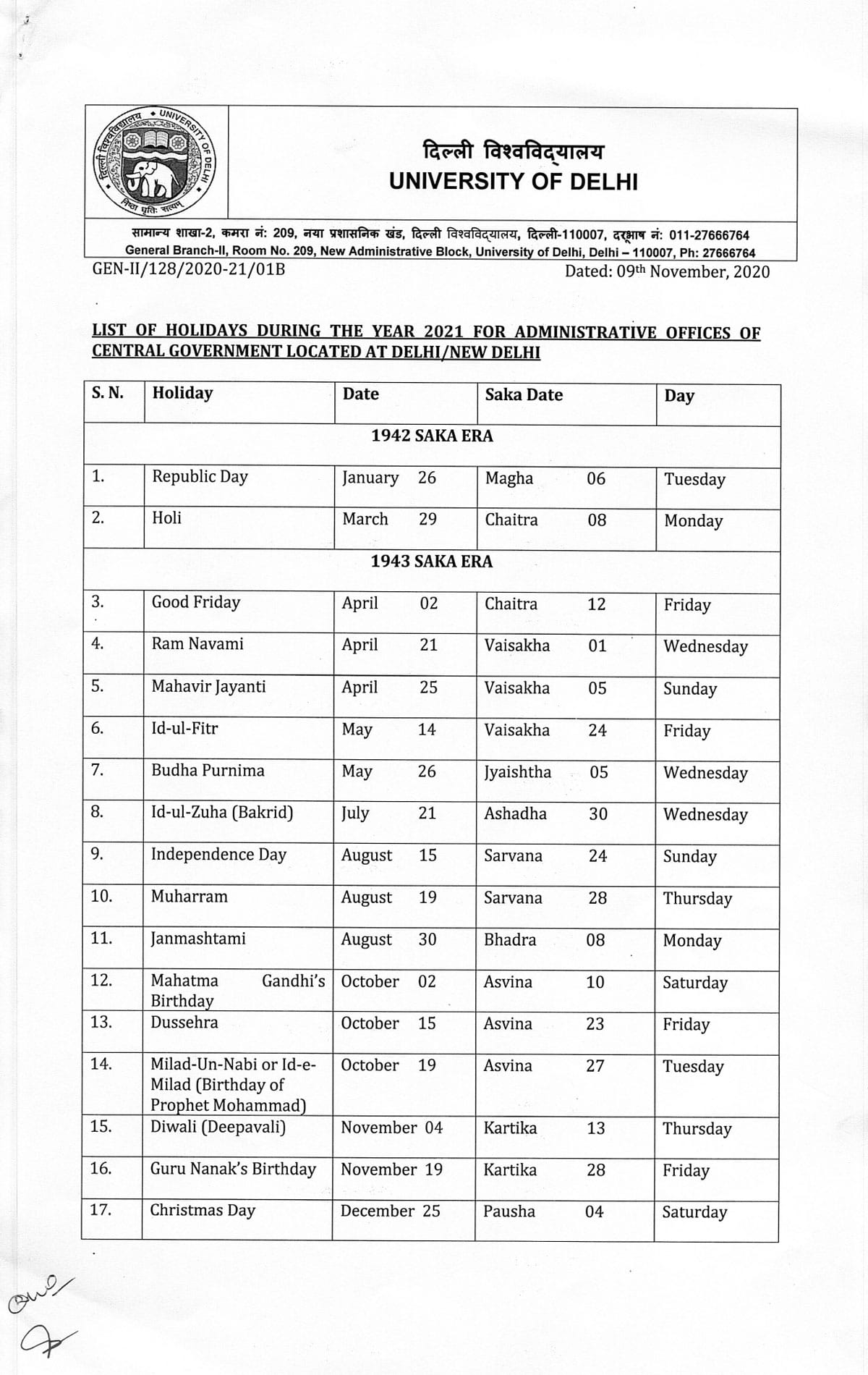 DU Academic Calendar 2021