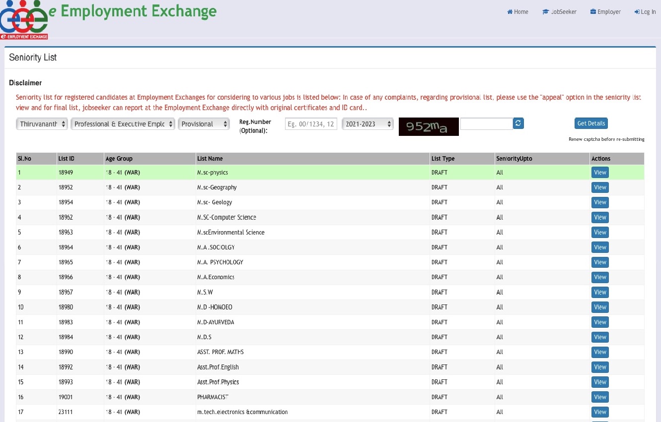 Employment Exchange Seniority List