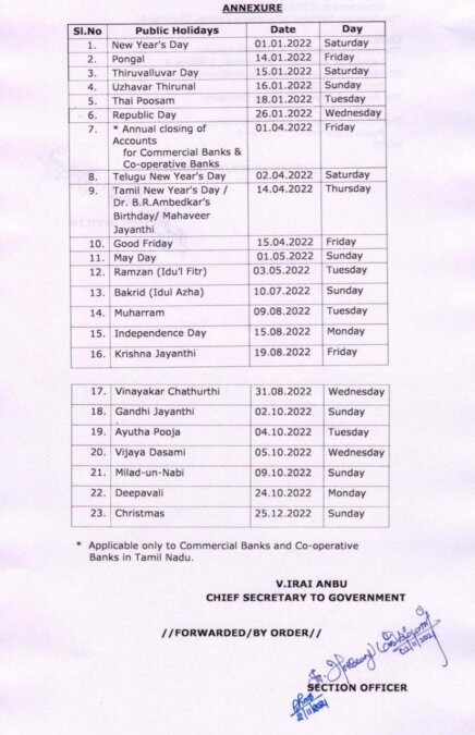Tamil Nadu State Government Holidays List 2022