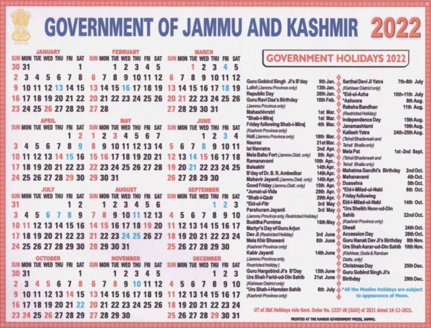 Jammu and Kashmir Govt. Calendar