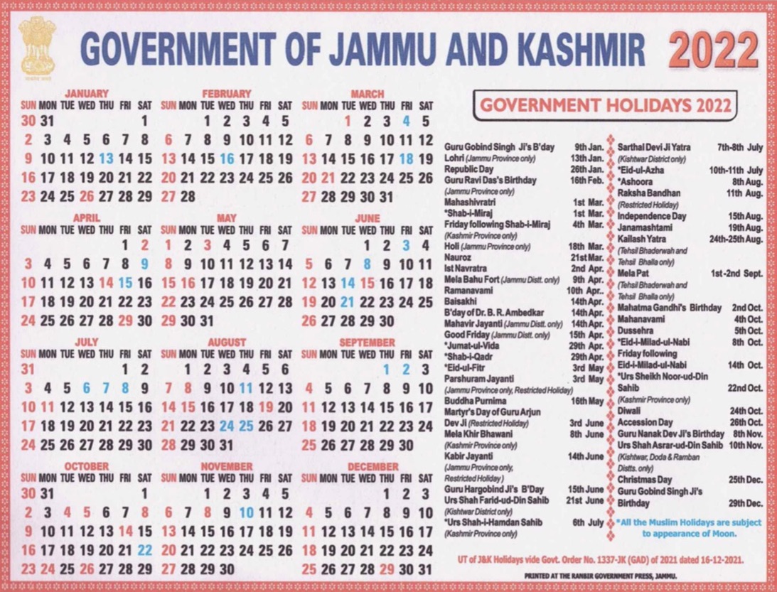 List of Holidays 2022 in Jammu and Kashmir PDF Calendar Download