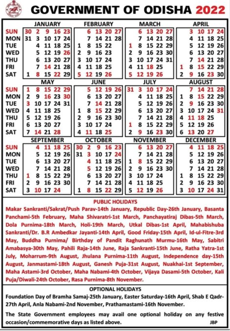 Govt Calendar 2022 Odisha 