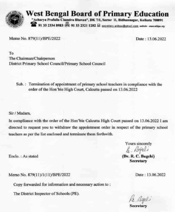WB Primary Teacher Termination Notice 