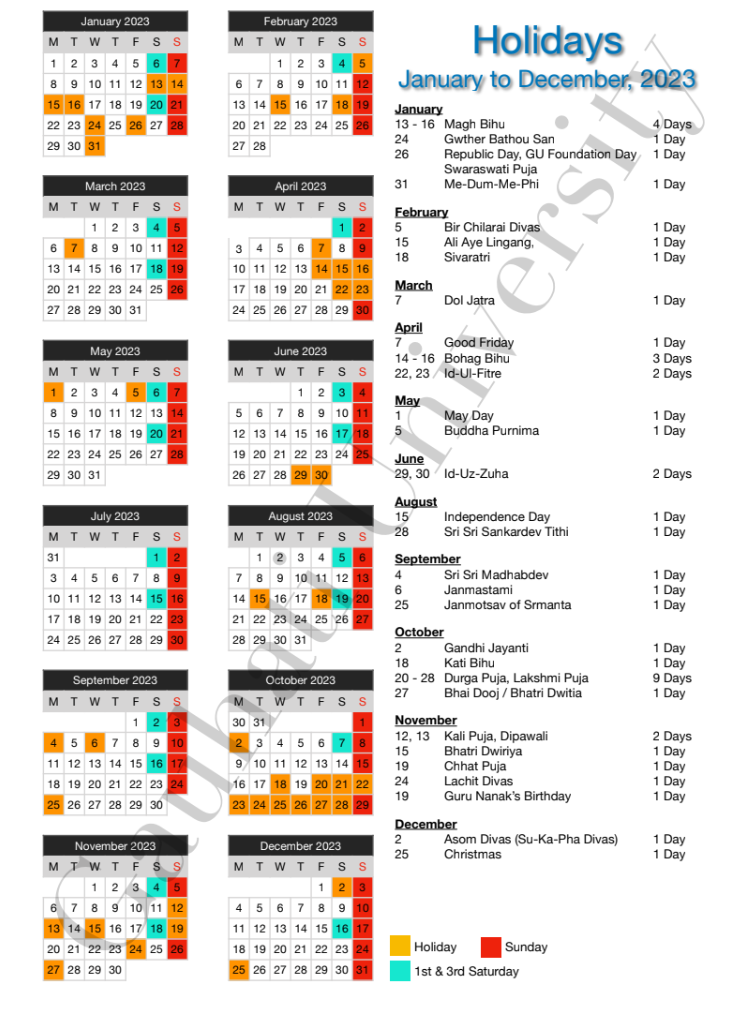 Guwahati University Holiday List