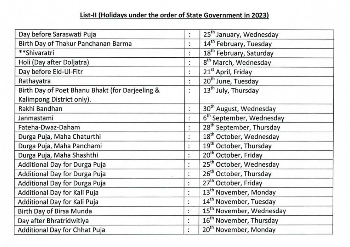 WB State Government Holidays List