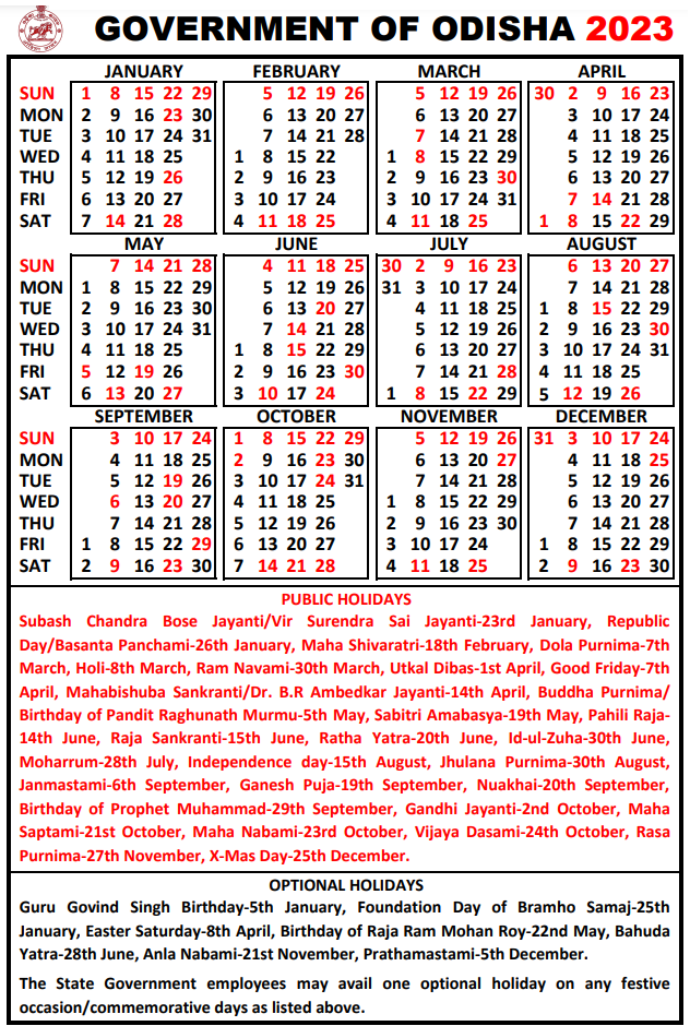 Odisha Govt Holiday List 1