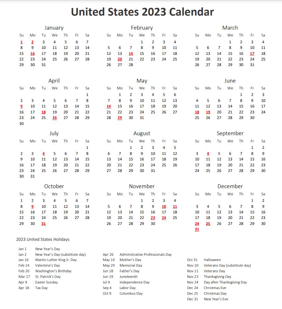 US Holidays Calendar 2023