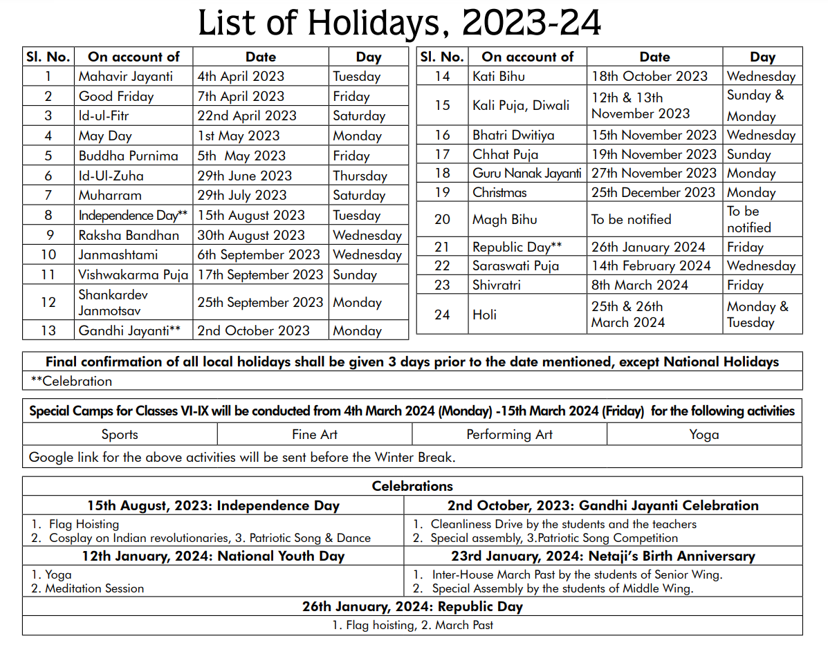 CBSE Holiday List 2023 Guwahati Region