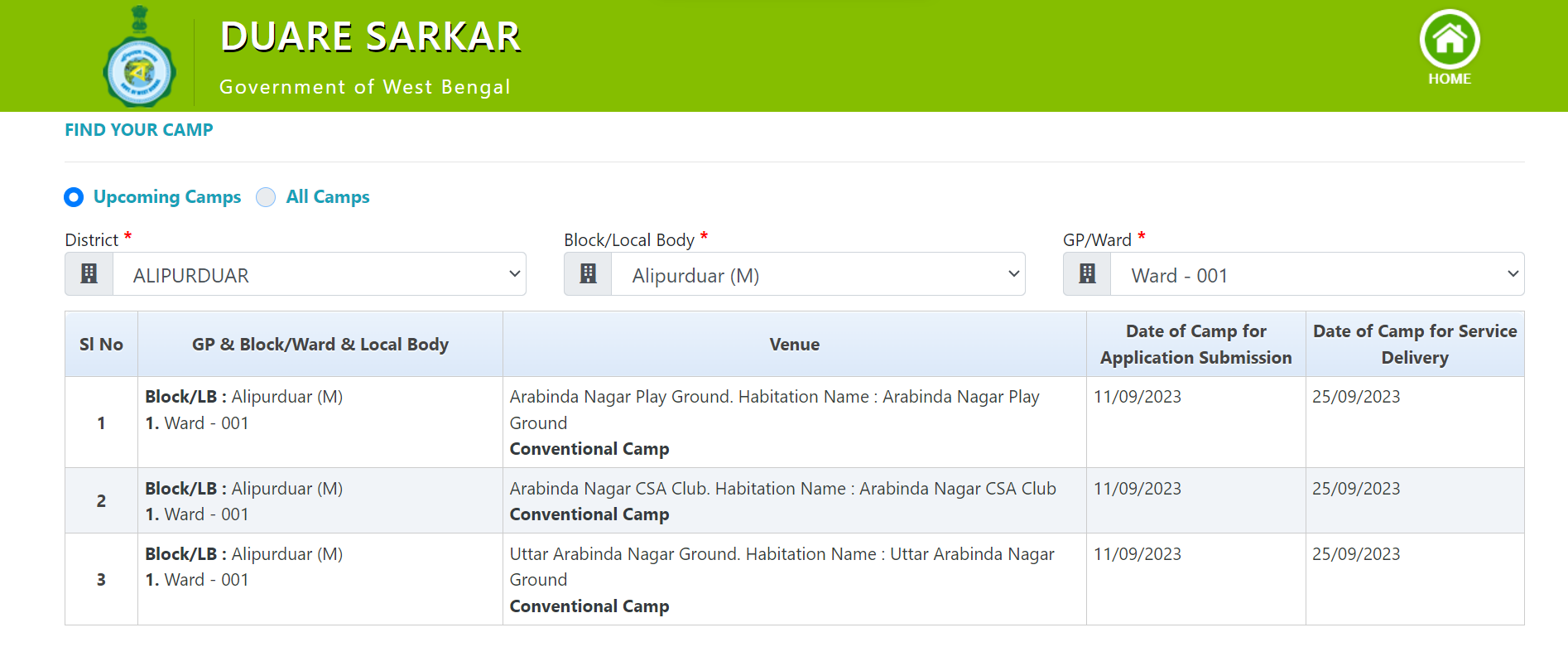Duare Sarkar Upcoming Camp List