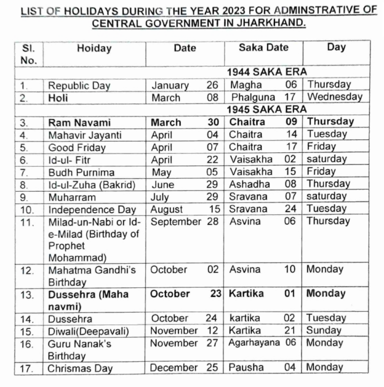 Jharkhand Holiday List 2024 PDF Download Jharkhand Sarkar Calendar