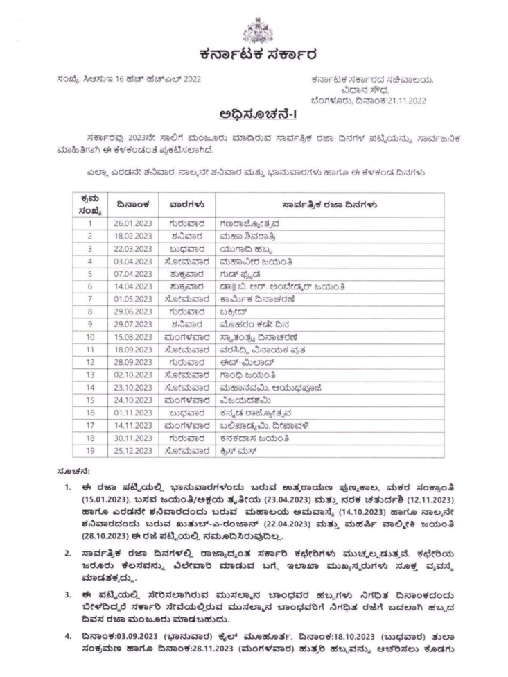 List of Karnataka Holidays