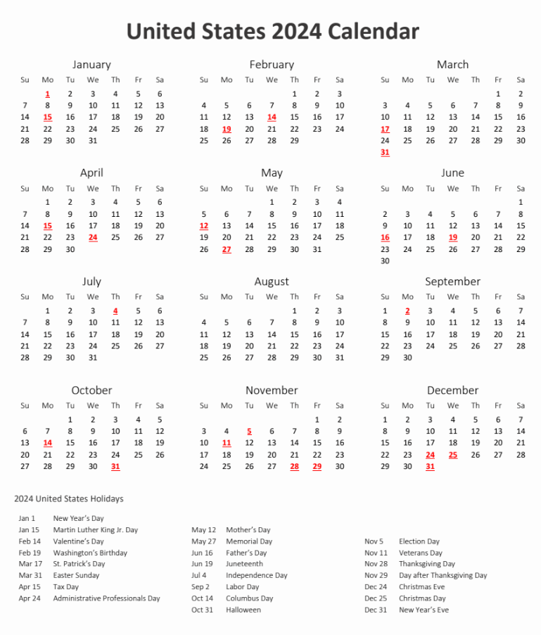 US Holiday List 2024 & US Calendar 2024 PDF Download
